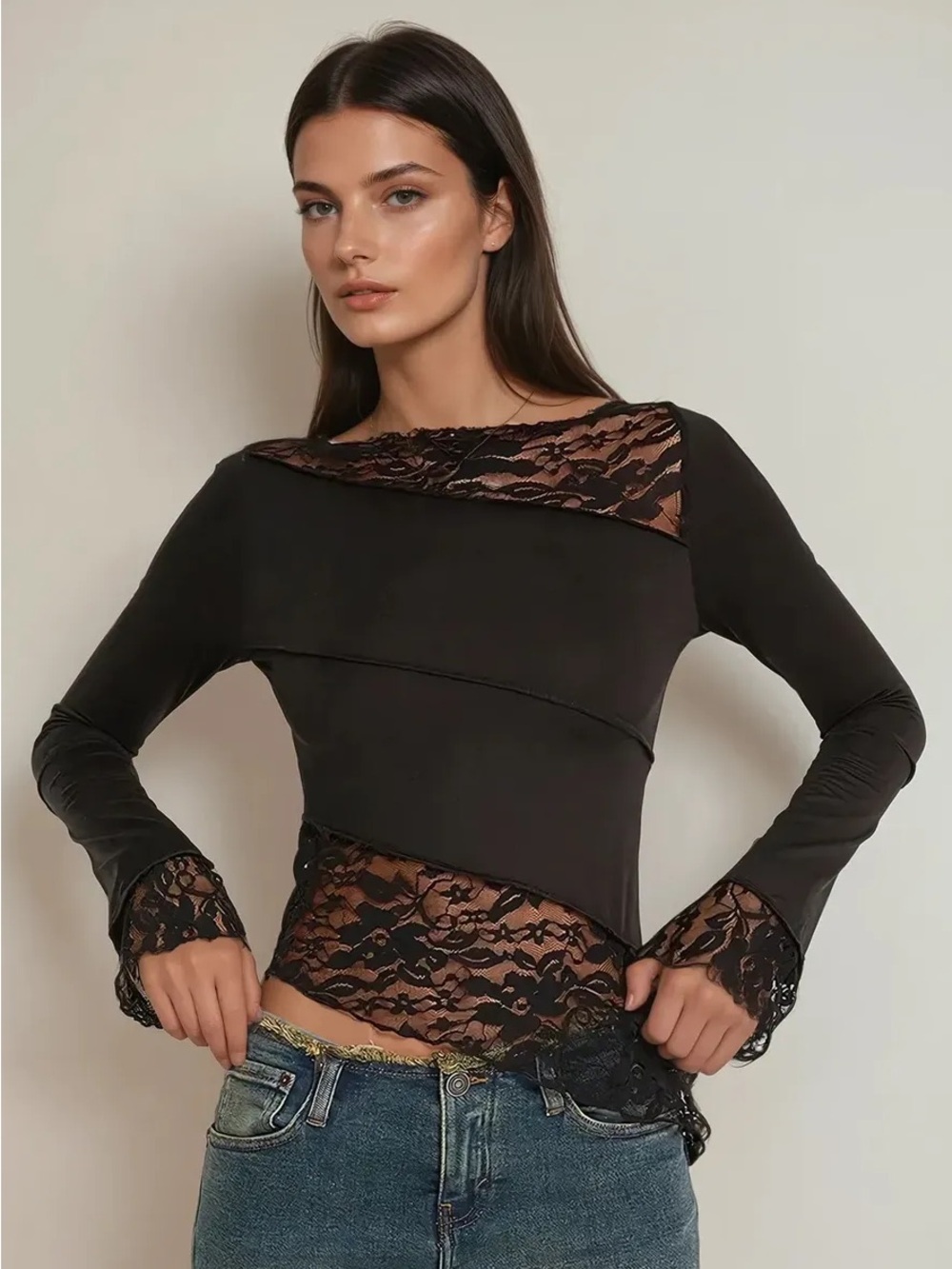 Black Lace Long Sleeve Asymmetrical Top